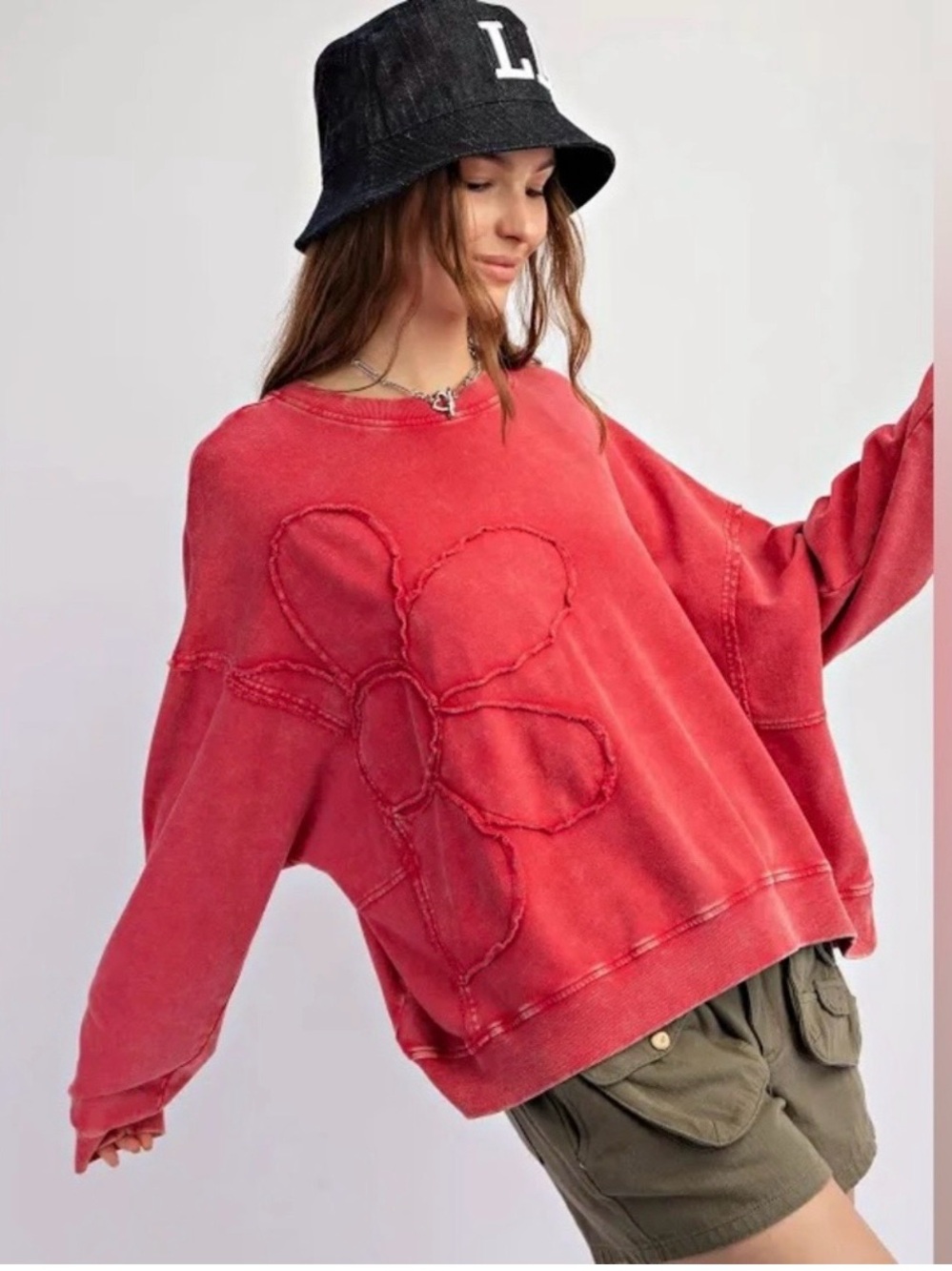 Easel Boho Terry Knit Red Flower Patch Floral Sweatshirt Large